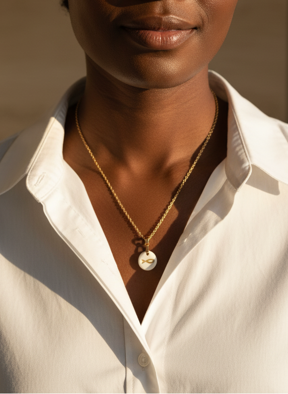 Médaillon Ichtus en Porcelaine et Or