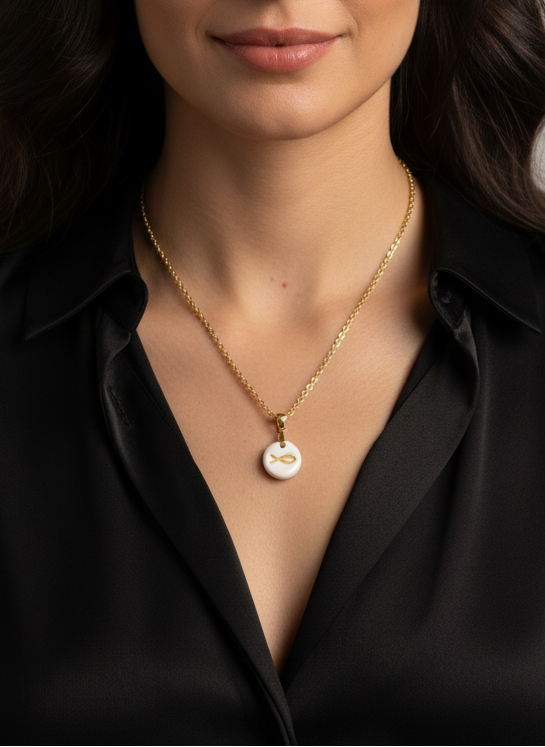 Médaillon Ichtus en Porcelaine et Or